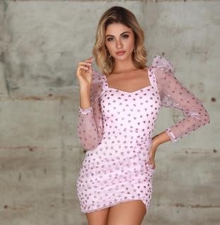 GINGER CANDY Apparel Dot Sweet Pink Long Sleeve Mini Tube Wrap Bodycon Lace Casual Dress