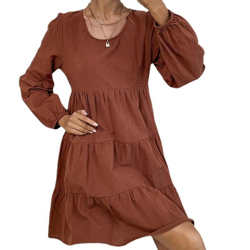 Custom fashion women's casual elegant oversized dress autumn crewneck solid sexy dress pleated cotton linen party dress