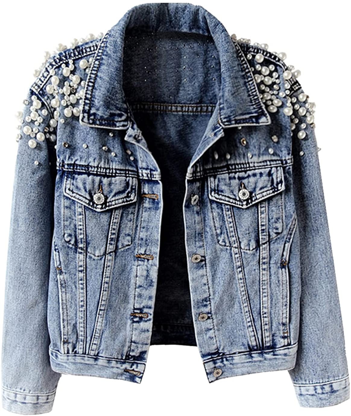 YOU women's casual oversized embroidered pearl studded denim jacket cropped denim coat