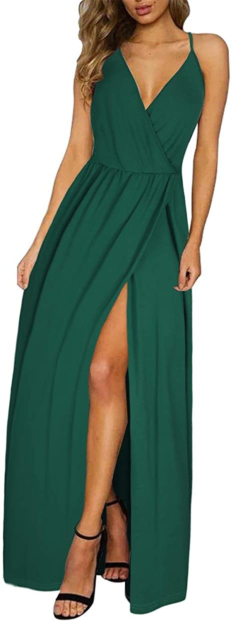 II ININ WOMEN'S DEEP V-NECK CASUAL DRESS SUMMER BACKLESS FLORAL PRINT/SOLID SPLIT LONG SKIRT FOR BEACH PARTIES