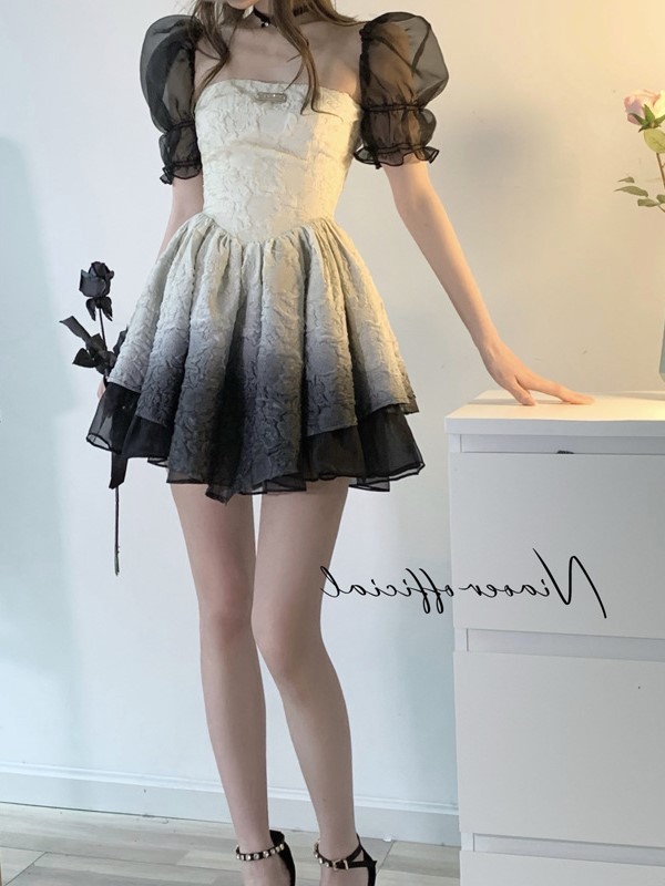 Night Swan 'Black grey Gradient Black guaze Bubble sleeve Girl dress With waist colse Short sleeve 2002 Summer Skirt