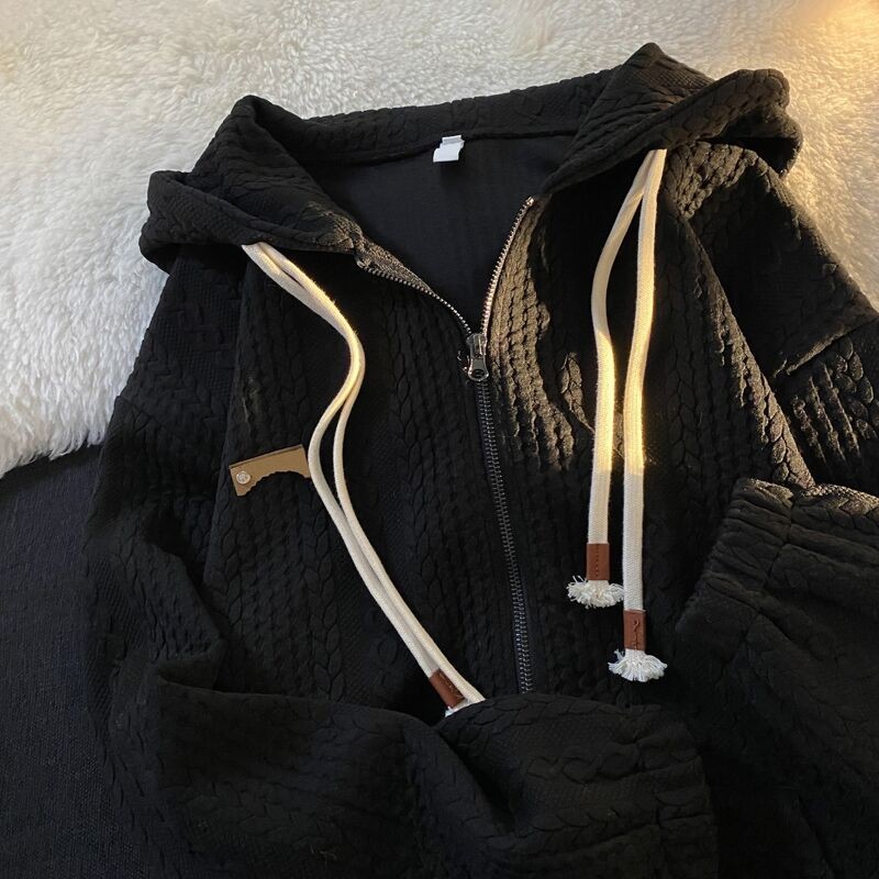 Waffle sweater women's spring and autumn loose fashion ins lazy style BF design sense of minority zipper Japanese fashion brand coat