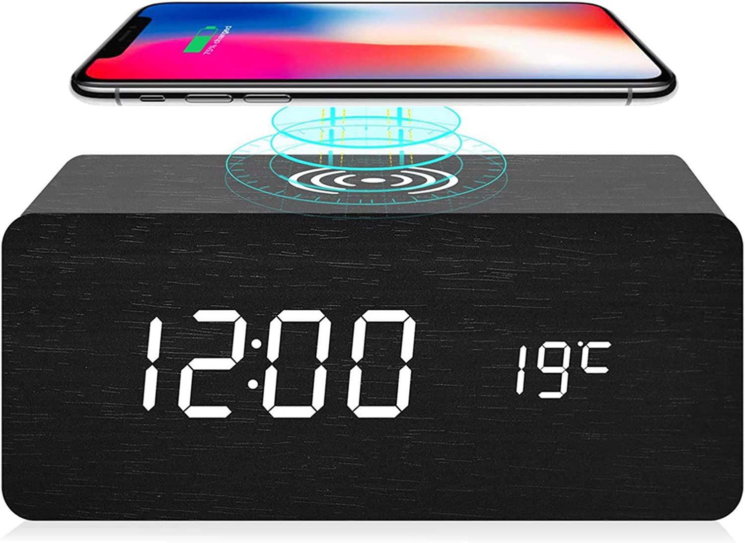 :SKOPROVKH Digital Alarm Clock Wireless Charging Bright Adjustment Dual Power Sound Control Wooden Alarm Clocks for Bedroom Desk Office Living Room