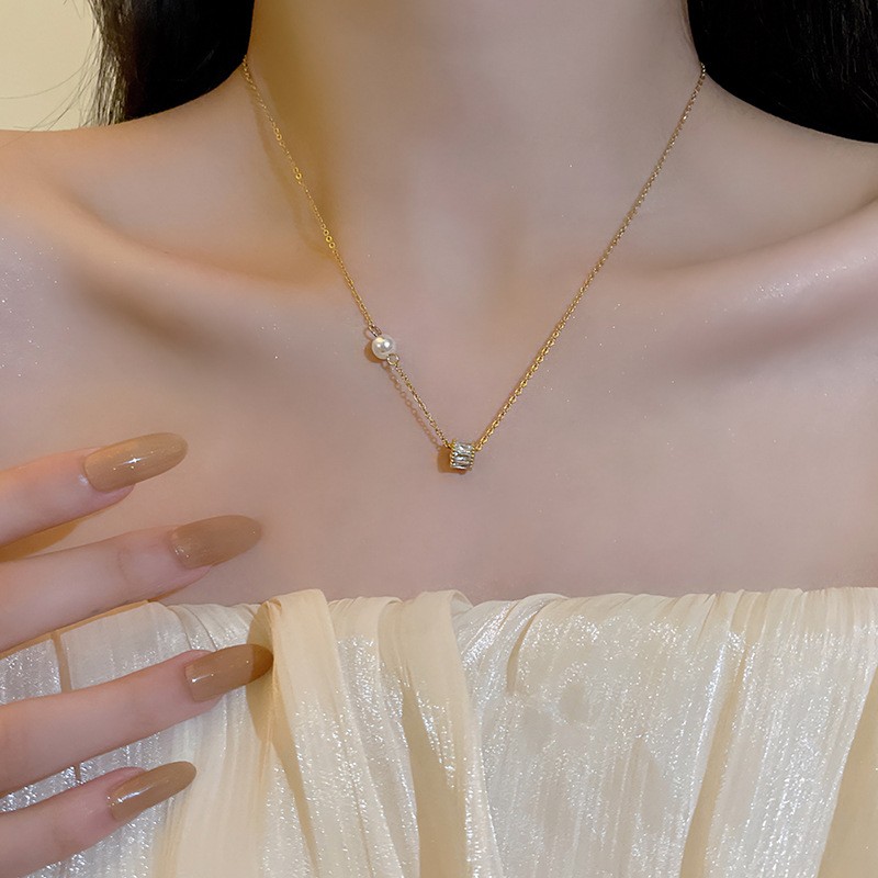 Vintage zircon pearl titanium steel necklace female everything temperament network red tide collarbone chain personality ins wind choker