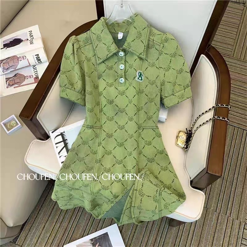 Small fragrant wind POLO collar green dress female summer 2023 new Hong Kong taste high-grade retro chic short skirt