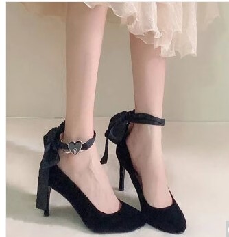 Cross tie high heels for women's thin heels, spring new pointed ribbon bow, super high temperament single shoe