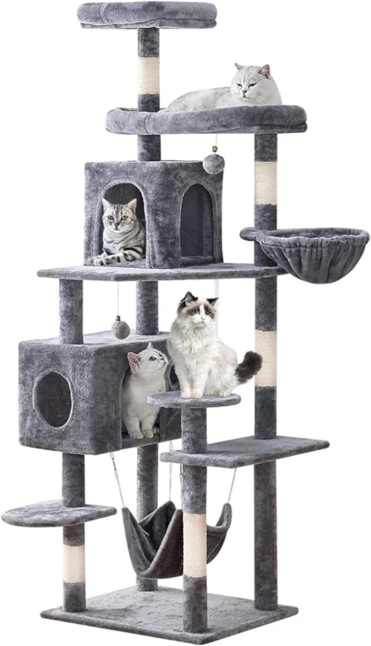 Vreidank Cat Tree Suitable for Large Adult Cats Oversized Top Perch Large Cat Tower with Plush Hammock Cat Rack and Hanging Pom Pom Cat Scratching Post and Apartment Rooms Good Quality