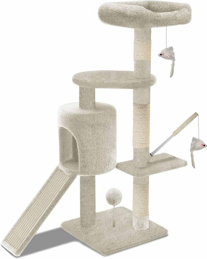 FEANDREA Cat Tree White Soft And Comfortable Large Entertainment Available Environmental Protection Used By Multiple Cats Multifunctional