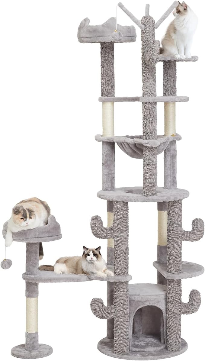 Vreidank Cat Tree 71" Tall Large Cat Tower for Indoor Cats Multi-Level Cat Furniture Condo with Hammock Scratching Post & Padded Plush Perch - Gray 180CM