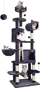 Vreidank Cat Tree Curved Series 81-inch Cat Tower for Adult Large Cats Climbing Tree with Tunnel 2 Perches 2 Condos Basket Bed Hammock Pompoms Cat Activity Center Dark Gray