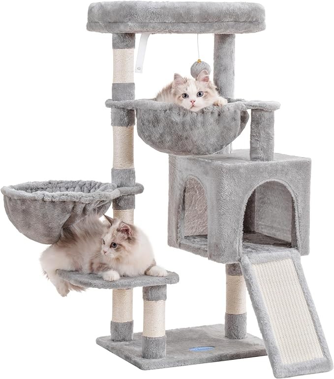 Vreidank Cat Tree Cat Tower for Indoor Cats Cat House with Large Padded Bed Cozy Condo Hammocks Sisal Scratching Posts Big Scratcher Light Gray