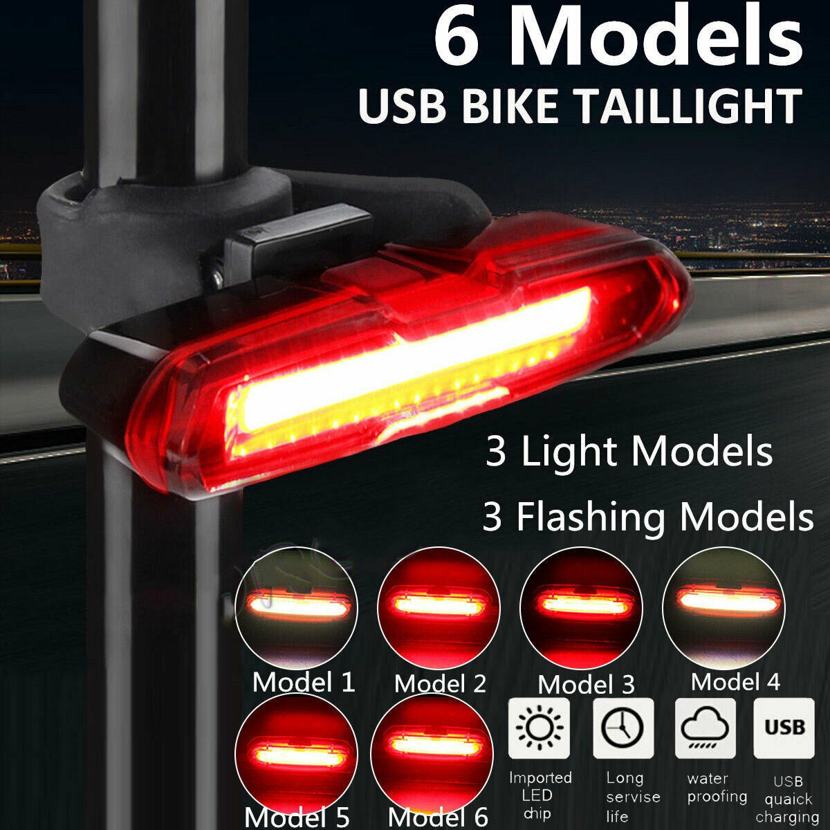 WASAGA6 Modes LED Bicyle Cycling Tail LKight USB Rechargeble Bike Rear Warning Light