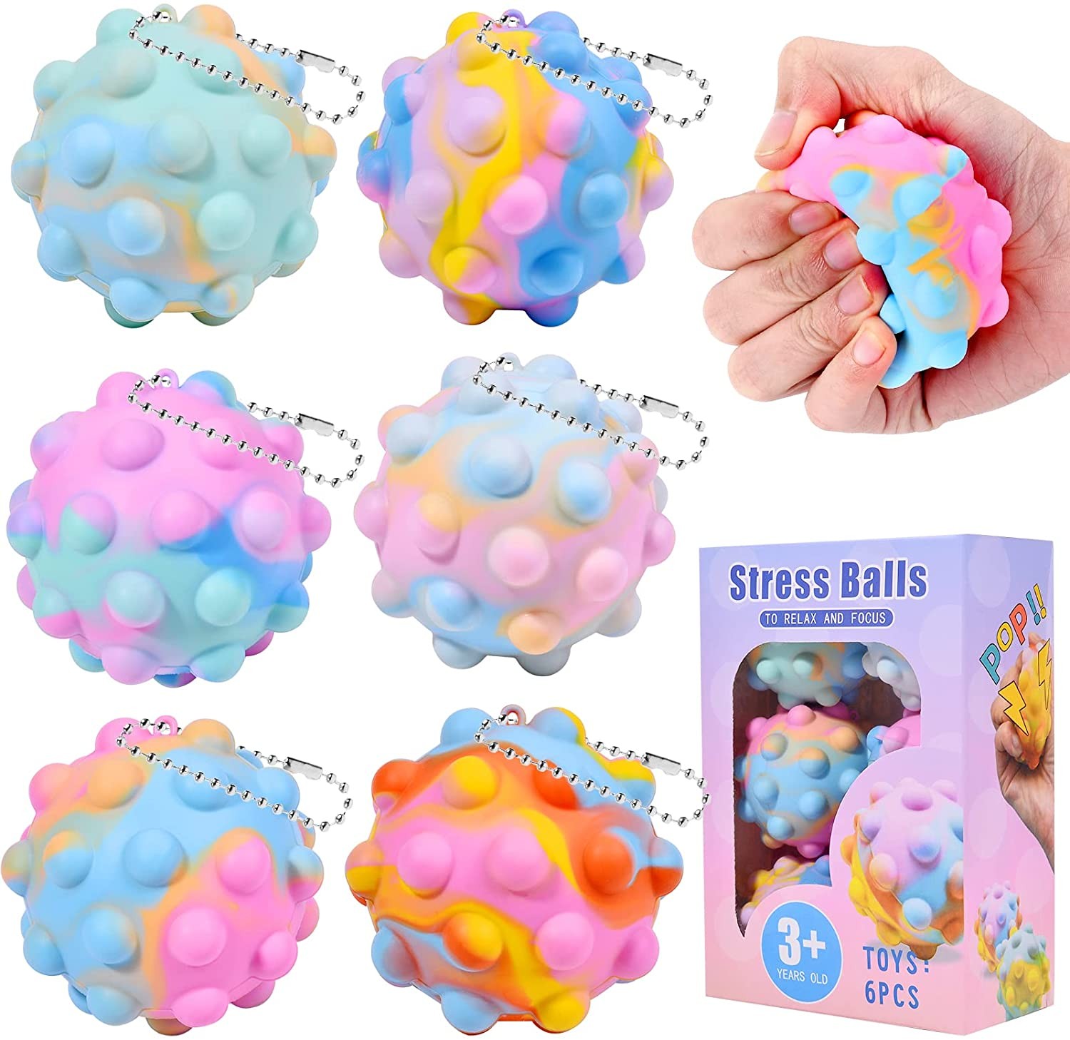 Veggicy 6 PCS Pop Ball Fidget Toy Pack Fidget Pop Stress Ball Toys Silicone Bouncing Balls Stress Relief Hand Toys Gifts for Adult Kids