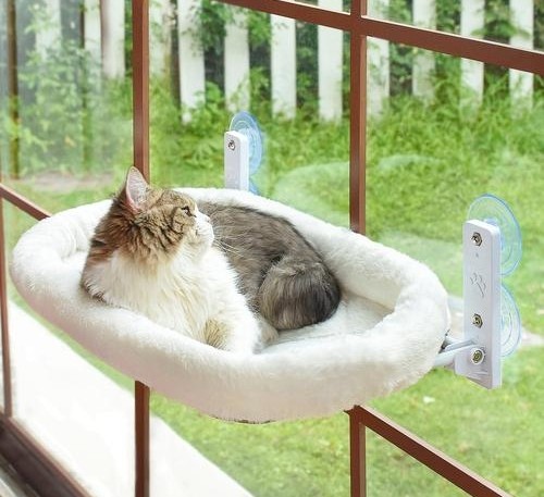AMOSIJOY Cat Hanging Bed Soft Plush Material Large Size Suitable for Indoor and Outdoor Use Cat bed window Cat window Hammock Window Habitat Safe Cat rack Space Saving window mounting Cat Seat